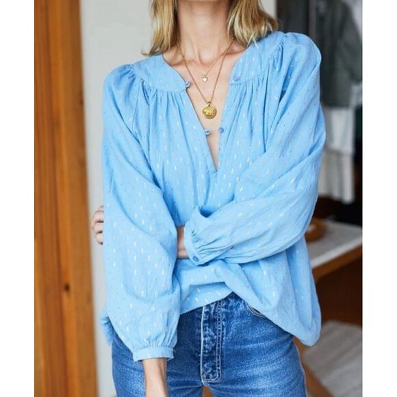 Emerson Fry Sky Blue Blouse with gold. Gently worn. - Picture 2 of 7